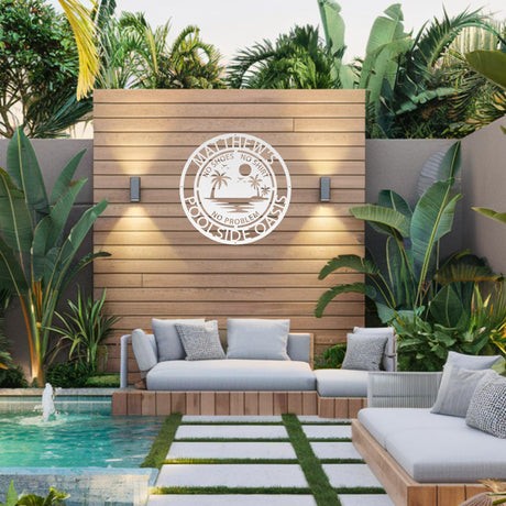 Backyard Pool Sign Metal Custom Family Poolside Decor No Shoes Shirt Problem Beach House Wall Art Funny Outdoor Patio Pool Owner Gift