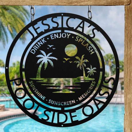 Flip-Flops & Sunscreen Poolside Sign Tropical Metal Wall Art Personalized Family Backyard Splash Memories Décor Summer Patio Sign