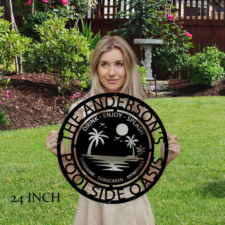 Flip-Flops & Sunscreen Poolside Sign Tropical Metal Wall Art Personalized Family Backyard Splash Memories Décor Summer Patio Sign