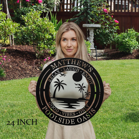 Custom Pool Rules Metal Plaque Family Name Poolside Sign Laser-Cut Steel Outdoor Wall Art for Beach House Patio