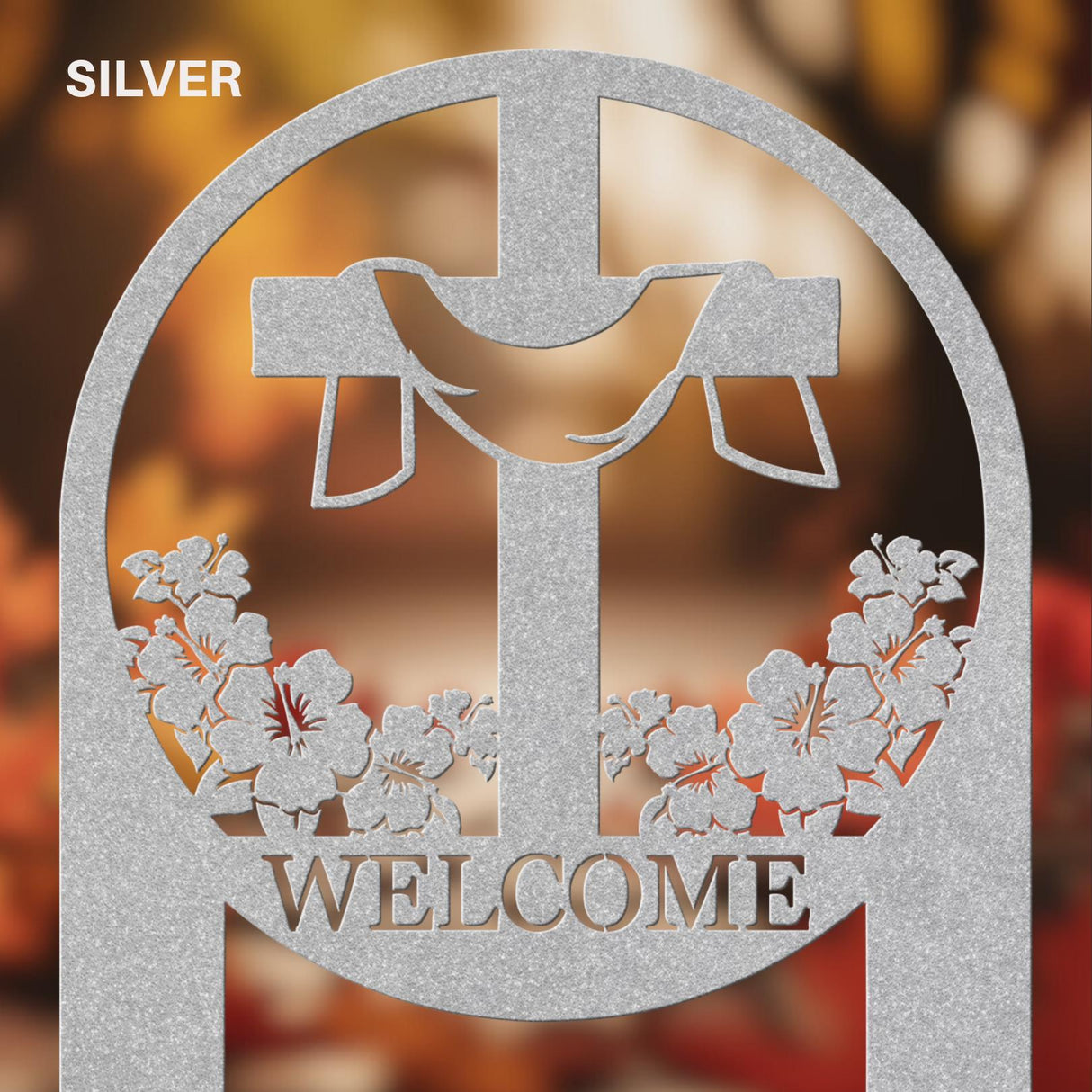 Hibiscus Cross Sign Stake Welcome Outdoor Christian Tropical Lawn Metal Staked Art
