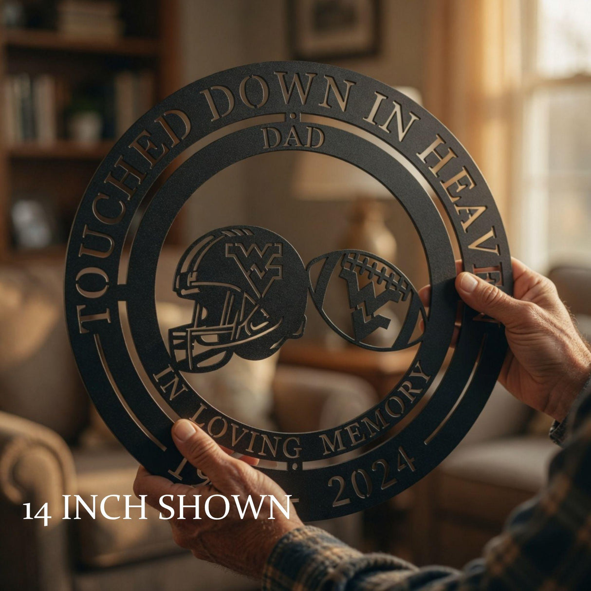 West Virginia Football Memorial Gift - Touched Down in Heaven Football Fan Dad Sympathy Sign