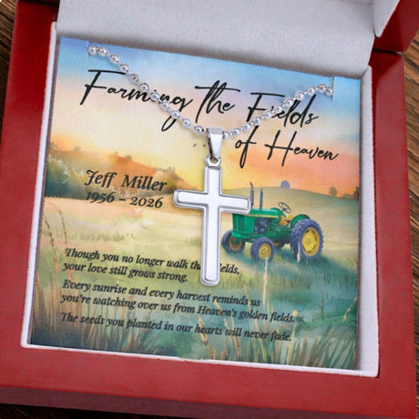 Farming the Fields of Heaven - Personalized Memorial Cross Necklace for Farmer Grandpa