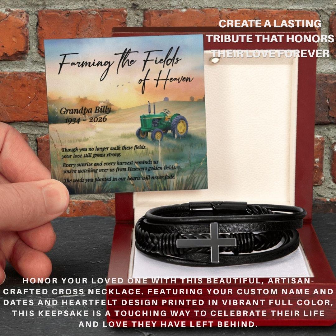 Men's Cross Leather Bracelet Memorial Gift - Farming Heaven's Fields Tractor Sympathy for Dad