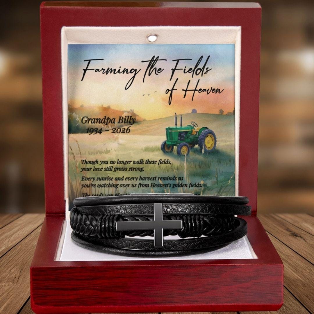 Men's Cross Leather Bracelet Memorial Gift - Farming Heaven's Fields Tractor Sympathy for Dad