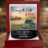 Men's Cross Leather Bracelet Memorial Gift - Farming Heaven's Fields Tractor Sympathy for Dad