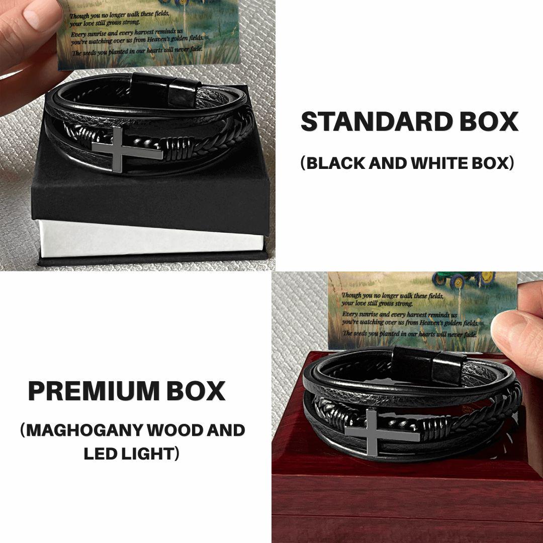 Men's Cross Leather Bracelet Memorial Gift - Farming Heaven's Fields Tractor Sympathy for Dad