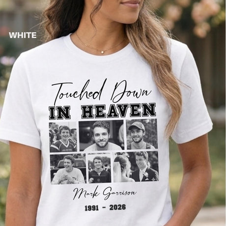 Custom Football Memorial Photo Shirt - Touched Down In Heaven Football Fan Remembrance Gift