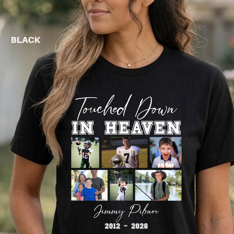 Custom Football Memorial Photo Shirt - Touched Down In Heaven Football Fan Remembrance Gift