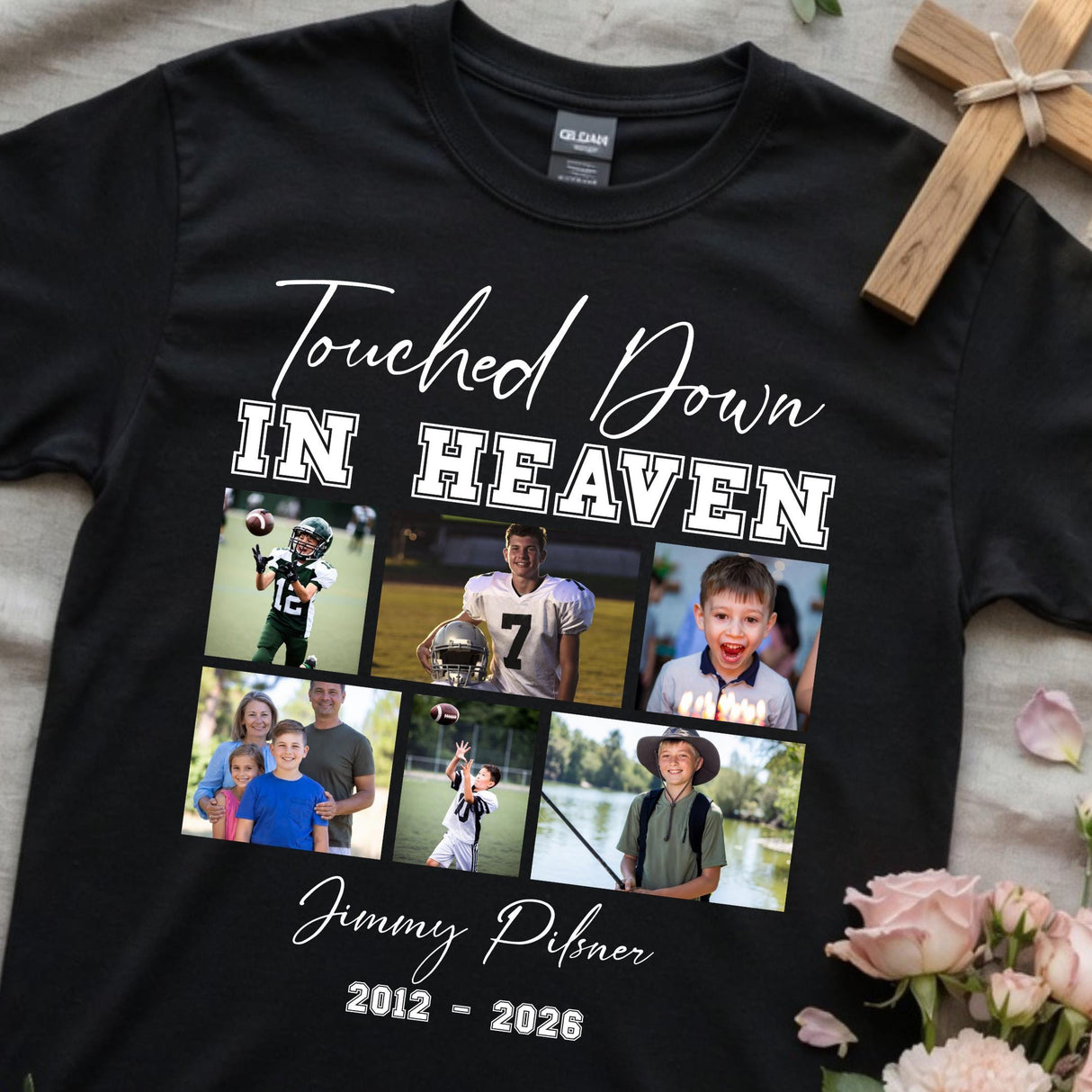 Custom Football Memorial Photo Shirt - Touched Down In Heaven Football Fan Remembrance Gift