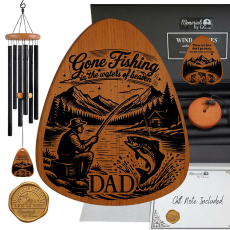 Gone Fishing Memorial Wind Chime Gift - Fishing in Heaven Sympathy Gift Loss of Dad