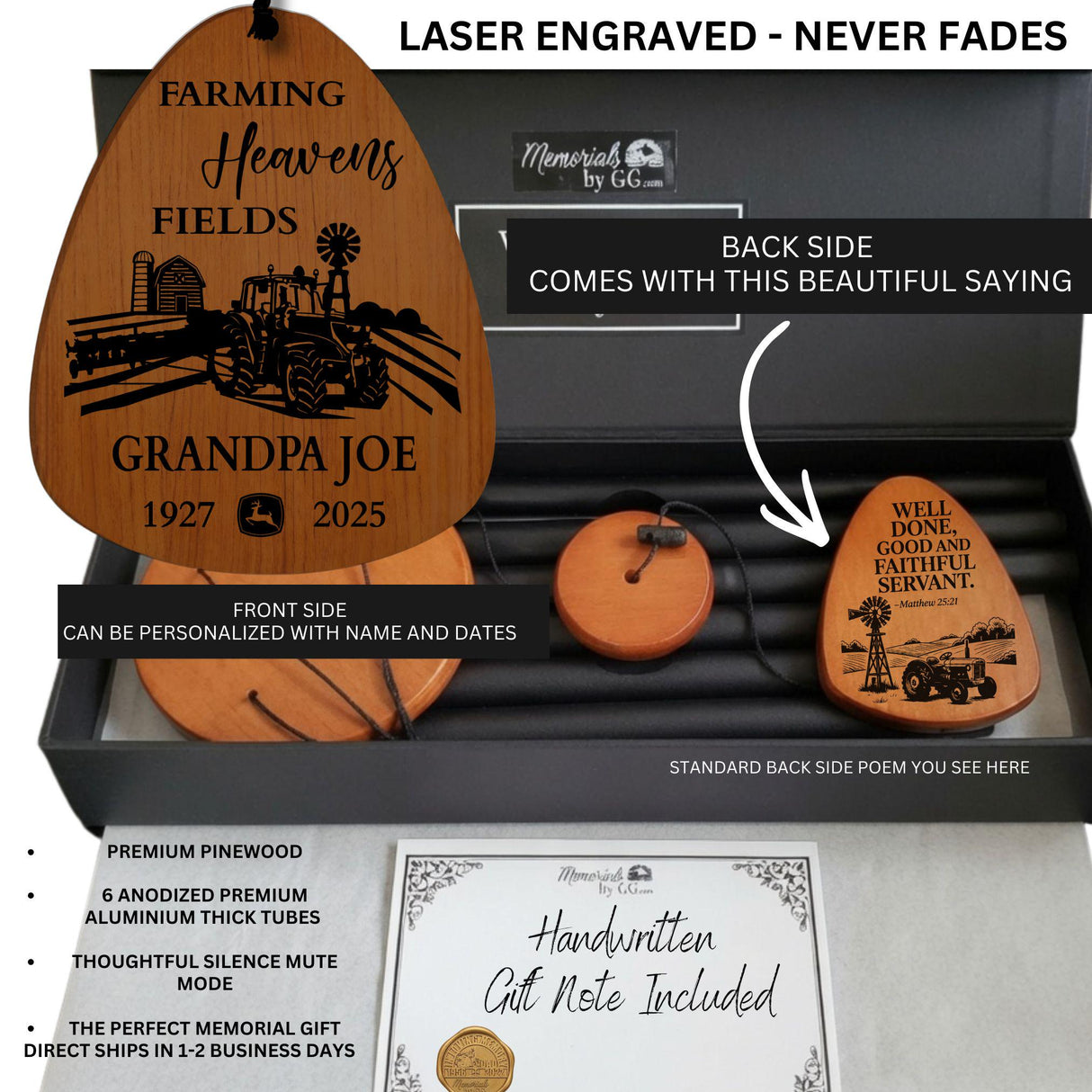 Farm Theme Memorial Wind Chimes - Laser Engraved Farming Sympathy Gift for Farmer Dad