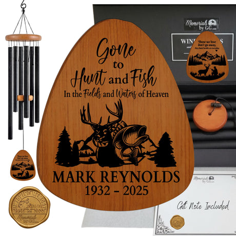 Personalized Outdoorsman Memorial Wind Chime, Laser Engraved Fishing and Hunting Sympathy Gift, Loss of Grandpa Father Remembrance