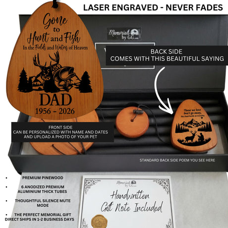 Personalized Outdoorsman Memorial Wind Chime, Laser Engraved Fishing and Hunting Sympathy Gift, Loss of Grandpa Father Remembrance