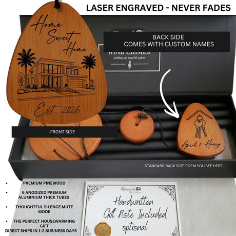 Tropical Housewarming Gift Wind Chime, Personalized New Home Gift for Couple, Laser Engrave Wooden House Warming Outdoor Porch Decor