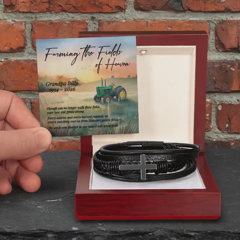 Men's Cross Leather Bracelet Memorial Gift - Farming Heaven's Fields Tractor Sympathy for Dad