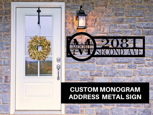 Monogram Address Sign for House | Custom Horizontal Rustic Metal Address Plaque | Personalized Outside Address Numbers and Street Metal Sign