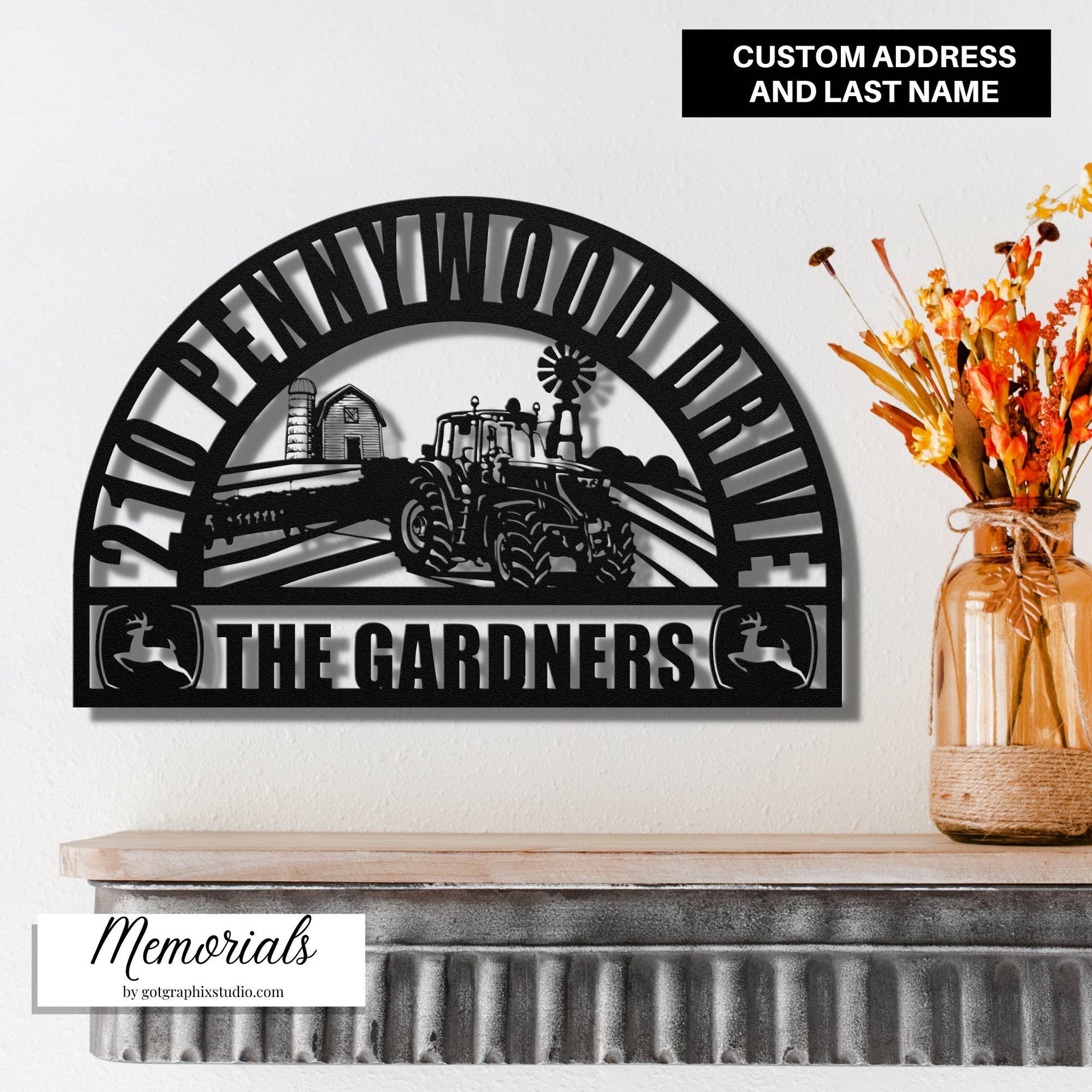 Custom Farmer Address Sign for House - John Deere Modern Tractor Last Name Address Sign for House - Farmhouse Metal Outdoor Sign