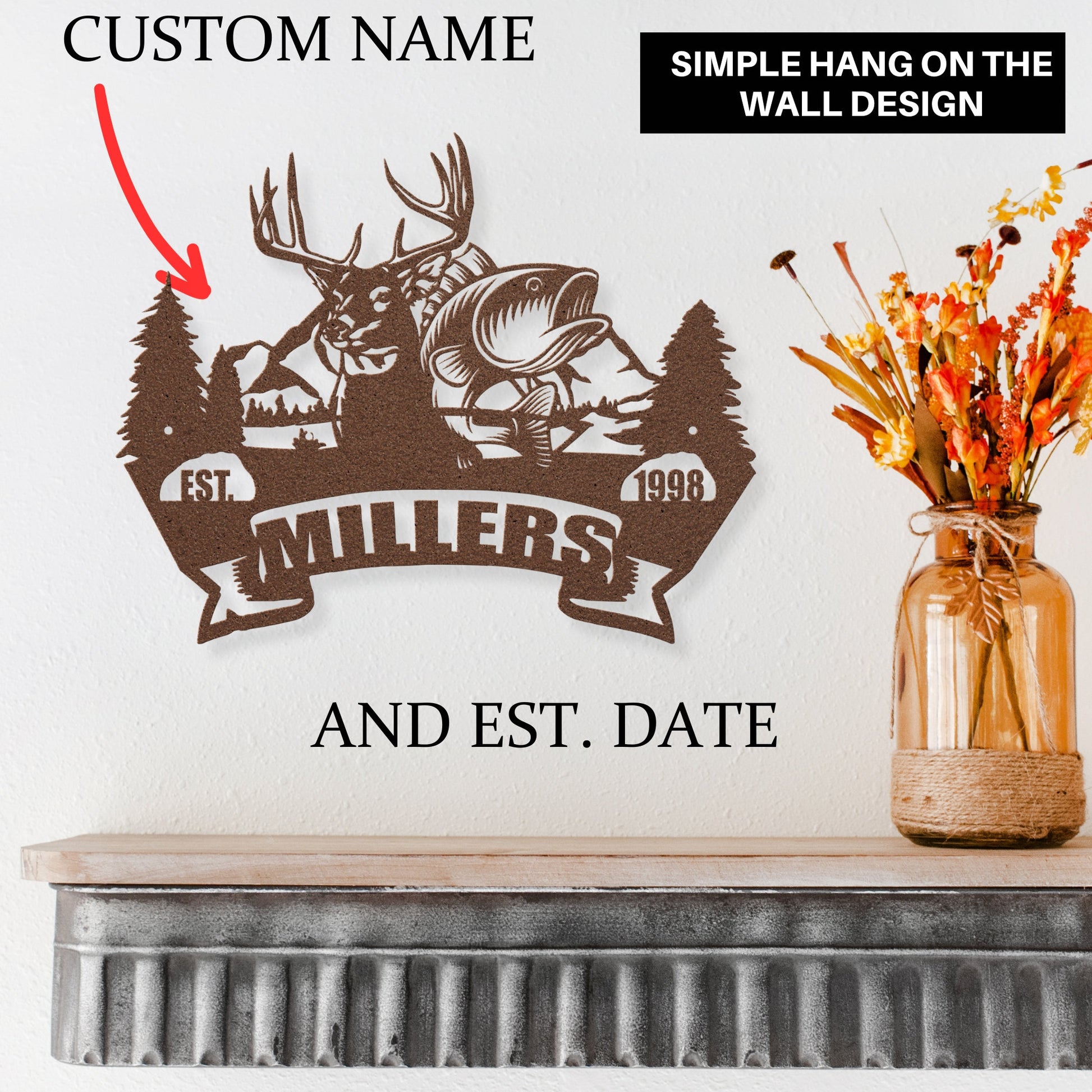 Personalized Metal Sign Deer Fish | Gift for Dad | Hunting Cabin Metal Outdoor Wall Decor | Metal Deer Sign with Last Name Established Date
