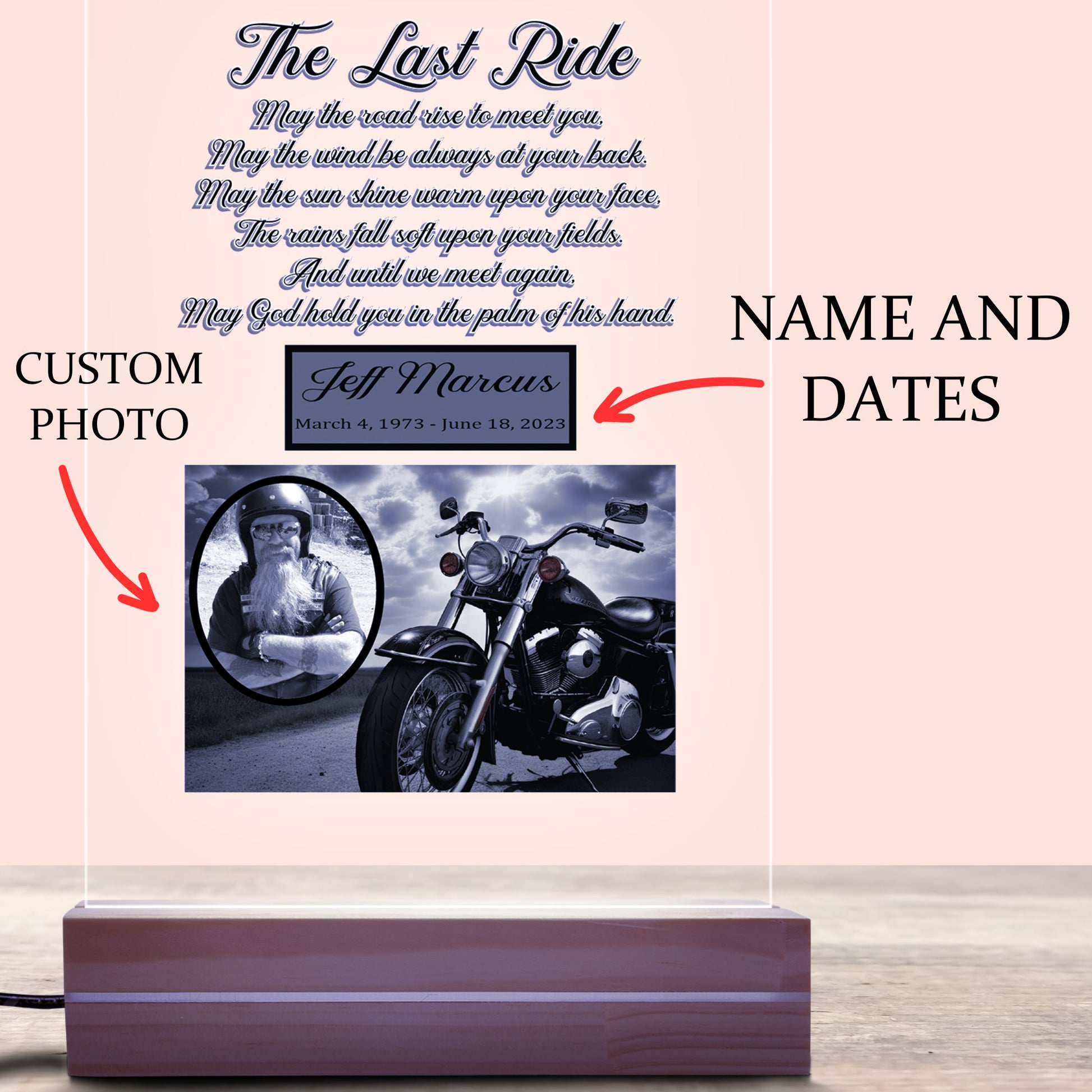 Motorcycle Custom Personalized Photo LED Wood Stand, Biker Room Night Light Up Table Lamp Remembrance Loss Sympathy Memorial Gift