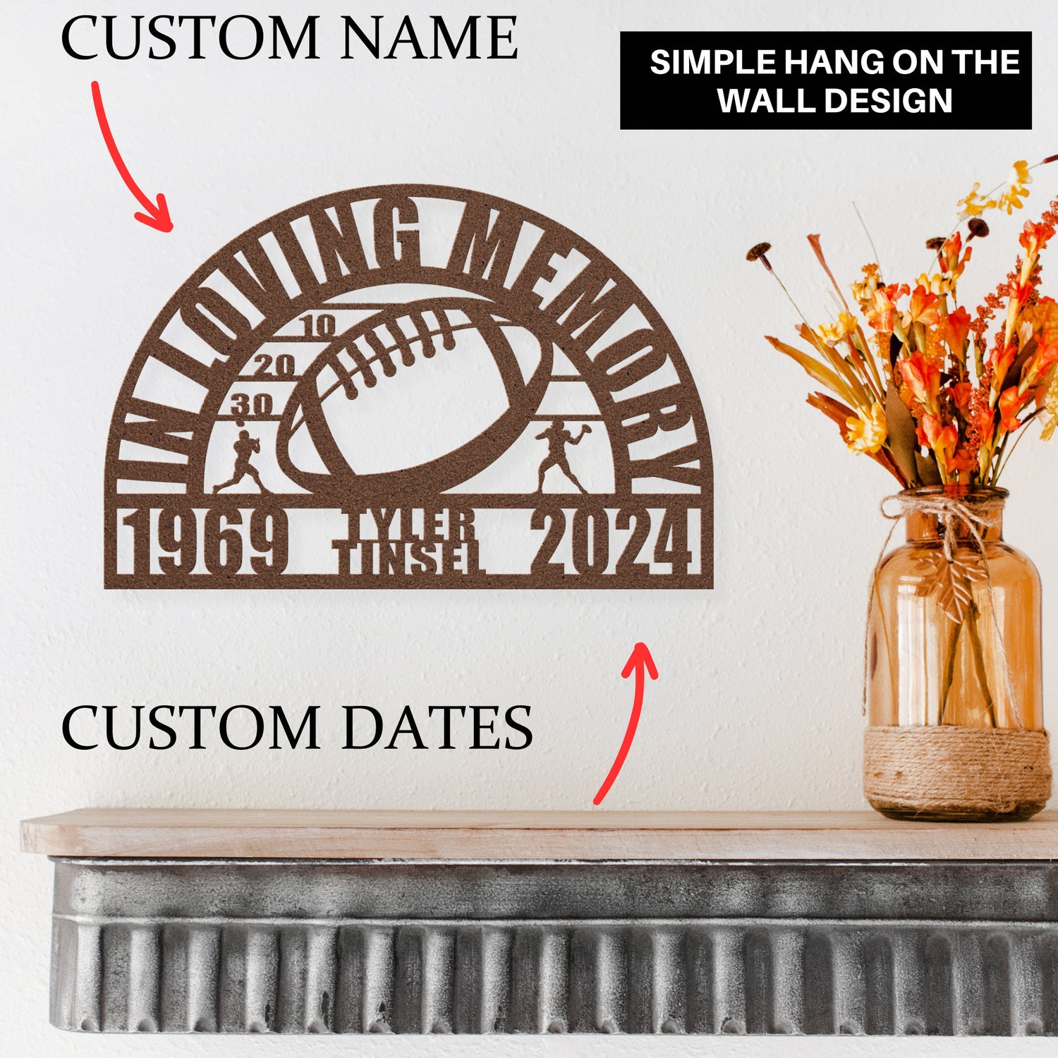 Honoring Football Player Memorial Gift - Custom Sports Tribute Memory Memorial Metal Wall Sign or Mens Boys Kid Gravesite Marker Remembrance