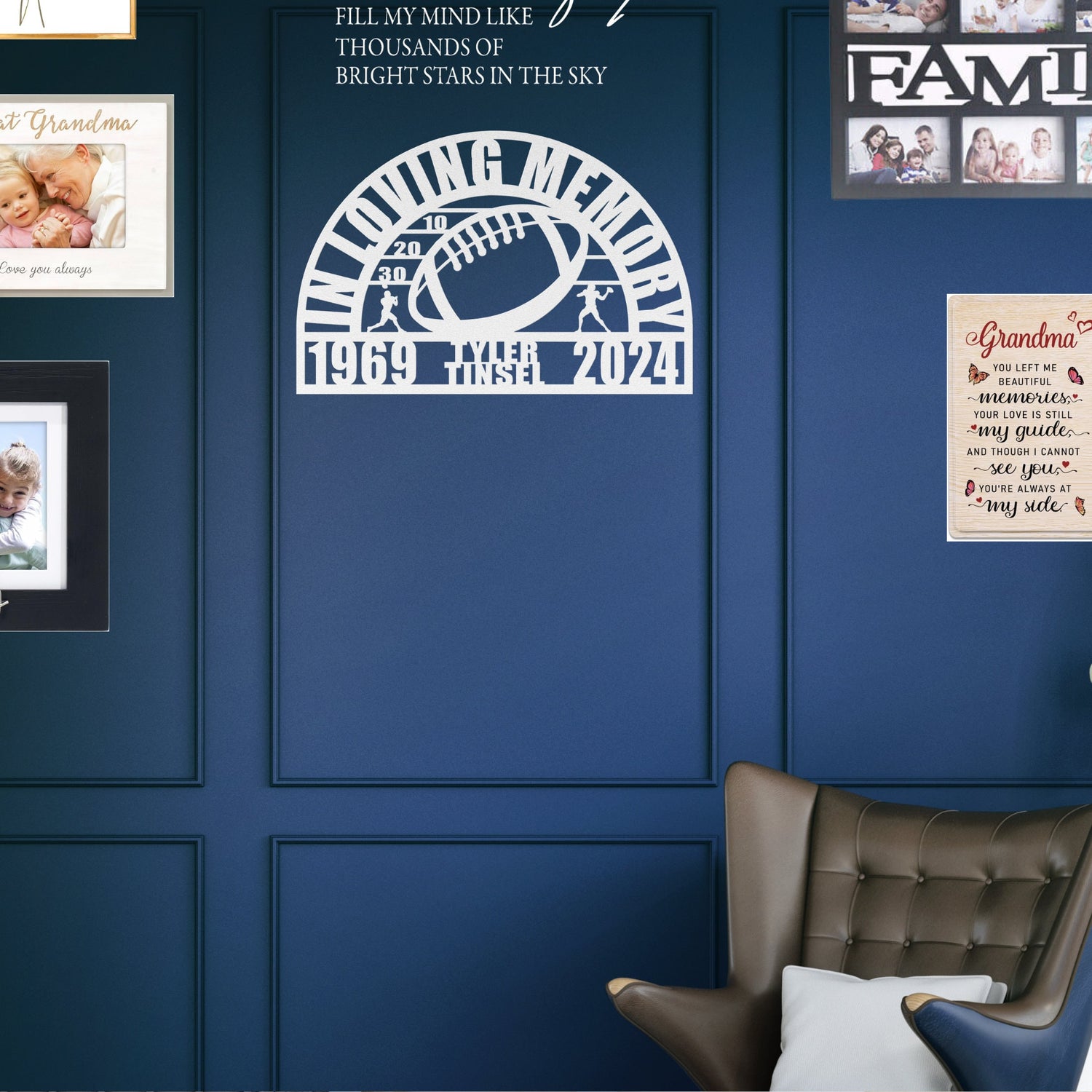 Honoring Football Player Memorial Gift - Custom Sports Tribute Memory Memorial Metal Wall Sign or Mens Boys Kid Gravesite Marker Remembrance