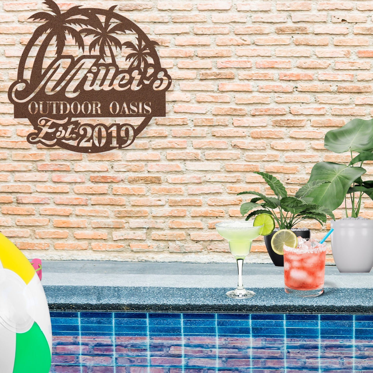 Tropical Beach House Metal Sign, Personalized Palm Tree Family Poolside Patio Oasis Hanging Decor for House Warming Gift