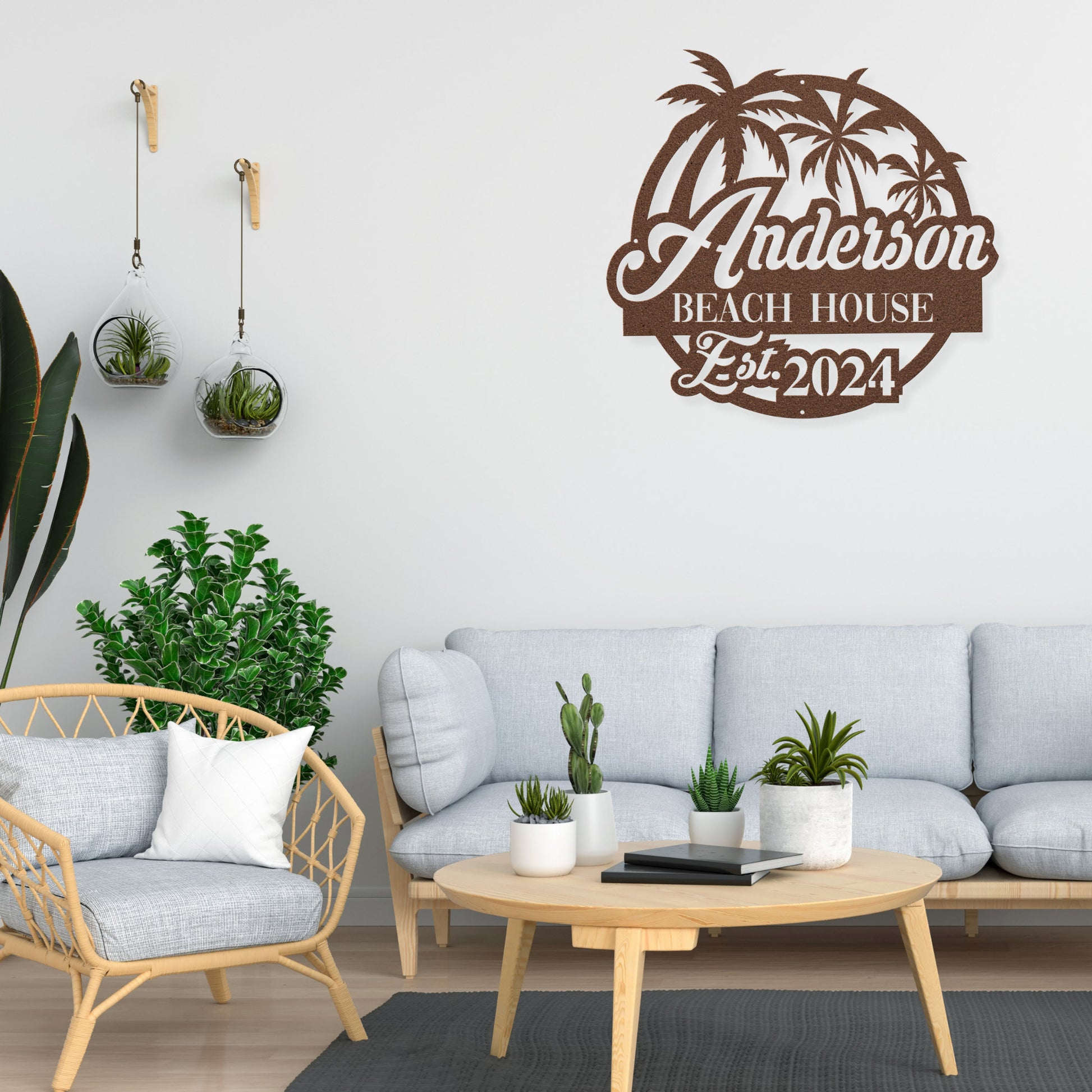 Tropical Beach House Metal Sign, Personalized Palm Tree Family Poolside Patio Oasis Hanging Decor for House Warming Gift