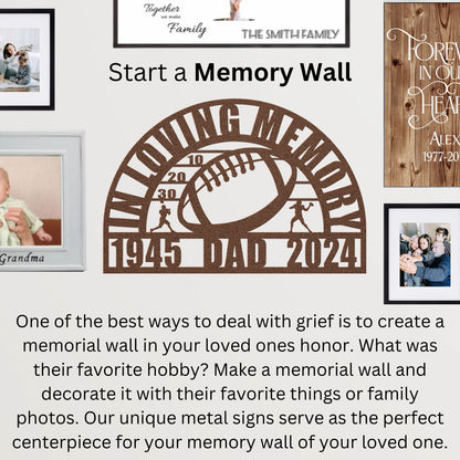 Honoring Football Player Memorial Gift - Custom Sports Tribute Memory Memorial Metal Wall Sign or Mens Boys Kid Gravesite Marker Remembrance